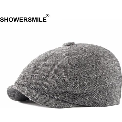 SHOWERSMILE Hats for Men Linen Newsboy Cap Men Beret Spring Summer Gray British Style Vintage Casual Octagonal Cap