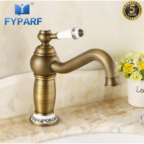FYPARF Basin Faucet for Bathroom Sink Faucet Water Mixer Water Tap Deck Mount Single Handle Basin Mixer Tap Bath Antique Brass