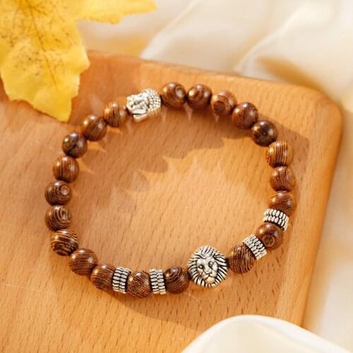 Vintage Lion Buddha Head Alloy Bracelet Men Meditation Fashion Wood Bead Bracelets Jewelry Male Pulseira Bileklik