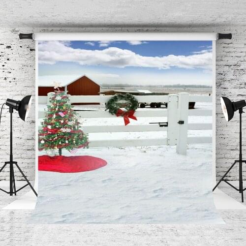 VinylBDS Winter Photo Backdrop With Christmas Tree White Fence Photography Backdrop House Photographic Background For Children