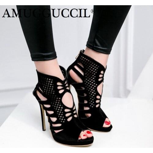 Plus Big Size 28-52 Black Red Gold Silver Zip High Heel Platform Females Lady Sandals Ankle Women Summer Boots L943