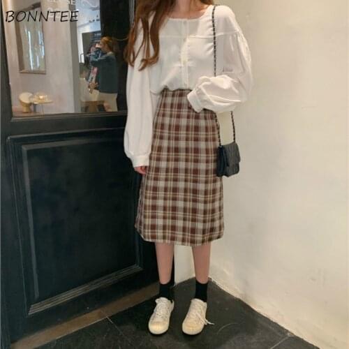 Women Sets 2 Piece Lantern Sleeve O-neck Simple Sweet Teens Shirts Plaid Mid-calf Zipper High Waist Skirts Casual Chic Korean