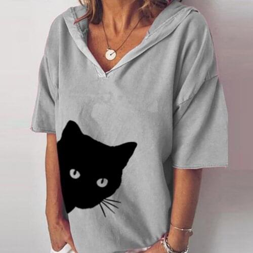 Womens Casual Half Sleeve Loose Black Cat Head Printed Large Size V-Neck T-Shirts Clothes Ladies Top Loose Short Sleeve Hoodie