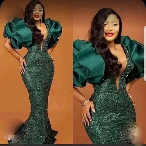 Dark Green Mermaid Prom Dresses Aso Ebi Style Satin Puffy Sleeve Evening Gowns Sequined Floor Length Formal Party Dress 2022