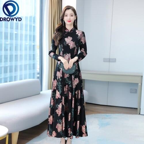 2021 Autumn Winter Vintage Plus Velvet Warm Vestidos Women Bodycon Casual Maxi Dress Party Elegant Red Floral Print Midi Dress