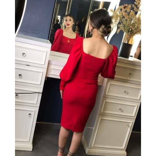 Elegant Short Sqaure Neck Bodycon Evening Dresses with Sleeve Knee Length Red Abendkleid Formal Party Gown for Women