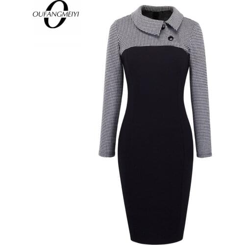 Vintage Women Patchwork Pattern Plus Size Bodycon Elegant Office Ladies Charming Dress EB238