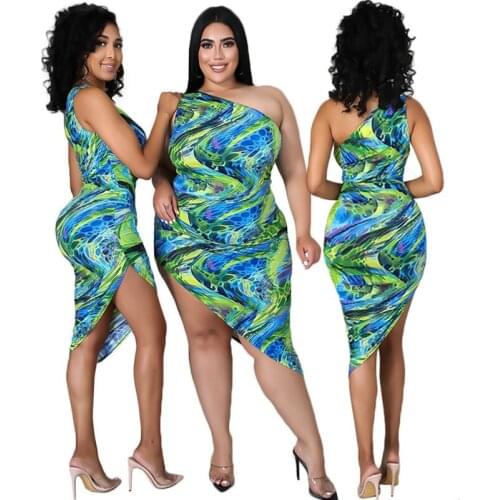 S-4xl Plus Size Dresses for Women Clothing Wholesale Printed Sexy Slanted Shoulder Irregular Hem Green Mini Dress Dropshipping