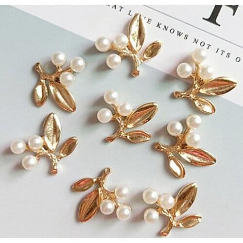 50pcs 21*22mm Gold Round Pearl Alloy Leaf Flower Button Bead Frog For Kids Hair Ornament Scrapbooking Bride Headwear Accessory