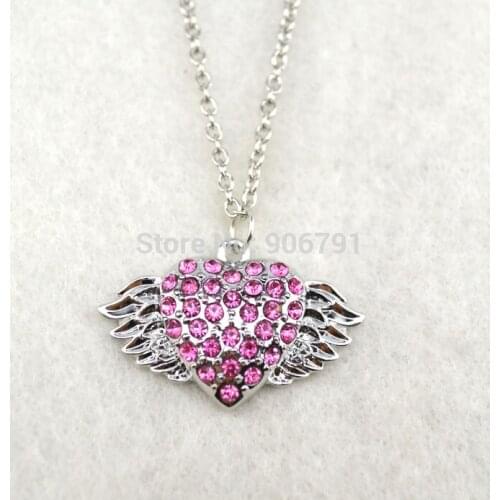 50pcs a lot rhodium plated zinc studded with sparkling crystals Winged Heart Pink Crystal Pendant jewelry