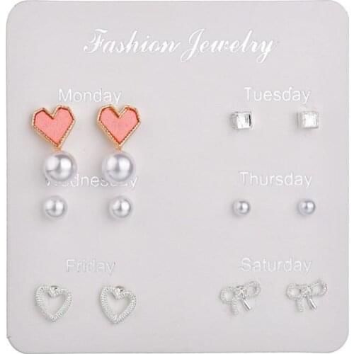 6 Pairs/set New Earrings for Women Stars Heart Crystal Cute Stud Earrings Fashion Jewelry Monday To Saturday 6 Pairs Earring