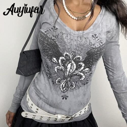 Auyiufar Wing Print Fairy Grunge Slim Tees Goblincore Streetwear Casual Long Sleeve Top Y2k Aesthetic Vintage Women Clothing New