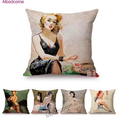 Bikini Girl Sexy Body Vintage Classic Beauties Hand Drawn Painting Sofa Cotton Linne Throw Pillow Case Decorative Cushion Cover