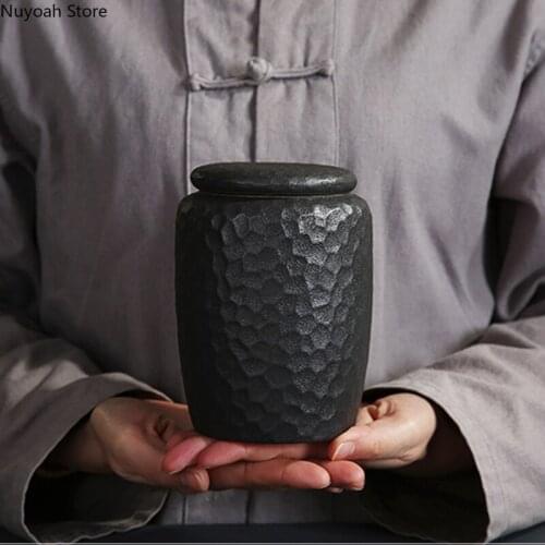 Black Ceramic Tea Cans Retro Bumpy Texture Sealed Cans Household Storage Cans Tea Containers Living Room Decoration Accessories