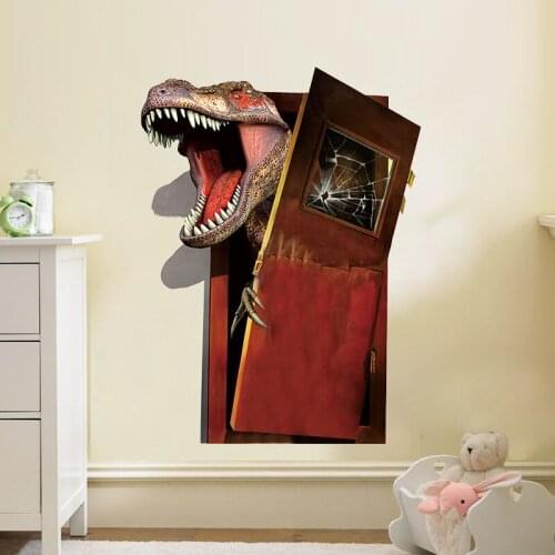 Dinosaur Broken Door Wall Stickers For Kids Room Home Decoration Diy 3d View Safari Mural Art Diy Boys Wall Decals Pvc Posters