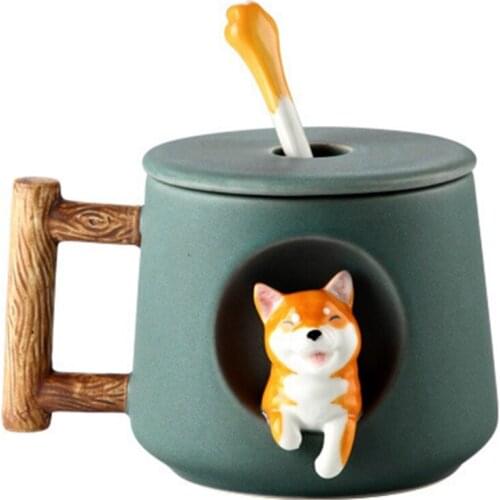 Home Decoration Cute Cartoon Animal Shiba Inu Ceramic Mug Creative Christmas Valentine Gift Couple Lid Spoon Coffee Cups