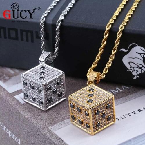 GUCY Hip Hop Dice Pendant Necklace Copper Gold Silver Color Iced Out Micro Pave Cubic Zircon Men Charm Jewelry Street Dance Gift
