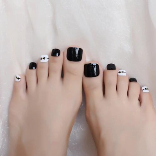 Black Fake Toenails Glossy Shiny White Ladies Fashion Decoration Artificial Designed Nail Tips for Toes with Bowknot
