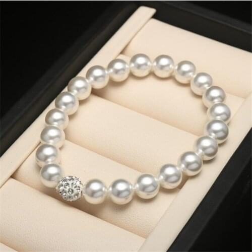 Korea Natural Shell White Pearls Beads With Rhinestone Crystal Bracelets Round Beads Bracelet For Men Women Jewelry Gifts 8mm