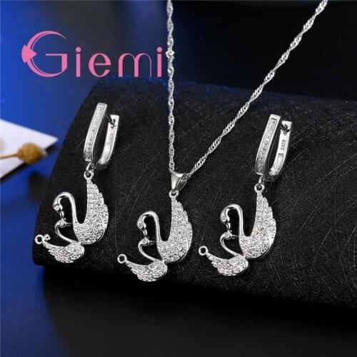 The Best Gift For Bride Two Swan Togetger 925 Sterling Silver Earrings+Necklace Crystal Jewelry Sets Cubic Zircon Bijoux