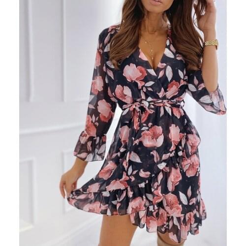 Hirigin Women Spring Flower Print Dress V Neck Casual Three Quarter Sleeve Ruffles Split Dress Female Elegant Party Vestidos