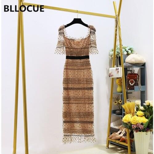 BLLOCUE High Quality Summer New Runway Fashion Polka Dot Mesh Dress Women Square Collar Puff Sleeve Ruched High Waist Midi Dress