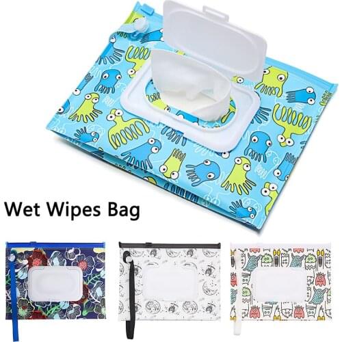 Wet Wipes Bag with Easy-Carry Snap-Strap Portable Flip Cover Cosmetic Pouch Tissue Box Baby Accessories