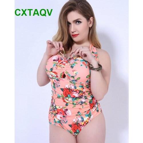 Super Large 5XL Plus Size High Elastic Lace Up Swimdress Floral Print Slim Underwire Swimwear One-Piece Beach Bathing Suit 2018