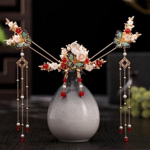 FORSEVEN Butterfly Flower Pearls Tassel Step Shake Chinese Hairpins Clip Hair Combs Earring Bride Wedding Hair Jewelry Sets