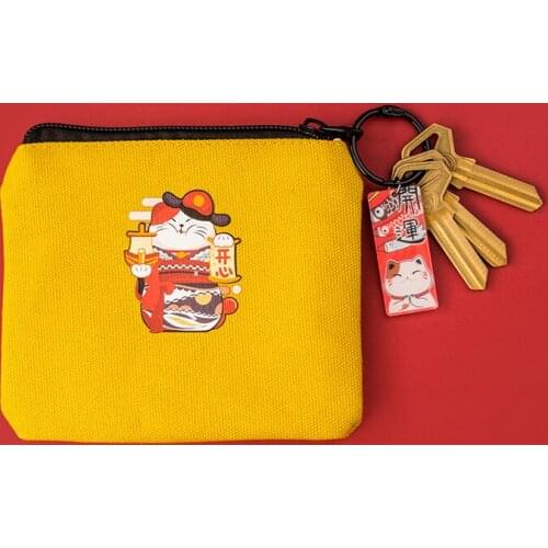 Japanese Lucky Cat Canvas Keychain Maneki Neko Trinkets Pendant Good Luck Fortune Wealth Student Coin Bag Ladies Small Wallet