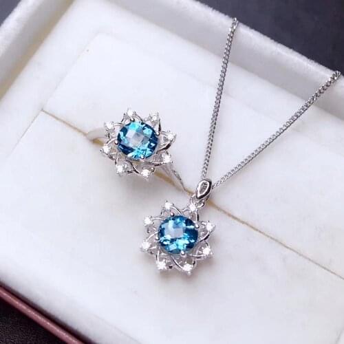 Ocean Blue topaz gemstone jewelry set including ring necklace with 925 silver natural gem good color luck birthstone gift