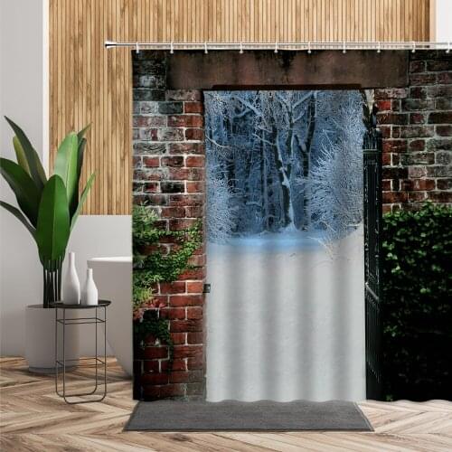 Outside The Door Forest Snow Scenic Shower Curtain Green Ivy Vine Seamless Brick Wall Trees Scenery Bathroom Decor Bath Curtains