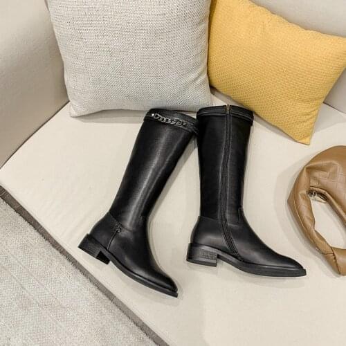 2021 Flat Women Combat Boots Black Genuine Leather Punk Boots Woman Fashion Knee High Boots Buckle Women Shoes Low Heels