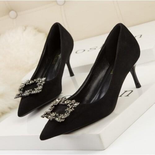 Ladies High Heels Stiletto Heel 2021 New All-match All-match Pointed Suede Womens Shoes Sexy Rhinestone Girl Mid-heel Shoes