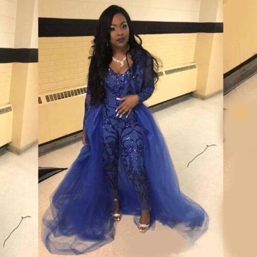 Royal Blue Jumpsuit Prom Dresses With Overskirts V Neck Long Sleeve Sequined Evening Gowns Plus Size African Pageant Pants