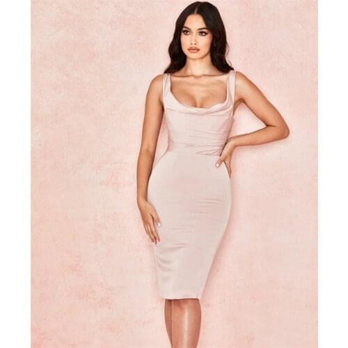 Celebrity bandage dress elegant satin dress spaghetti satrps keen length woman bodycon dress vintage vestios