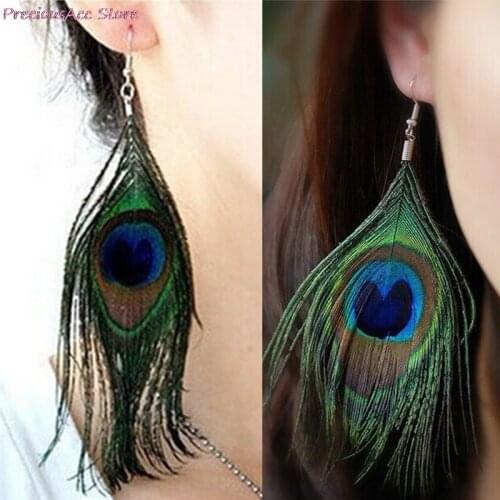 1Pair Long Design Statement Crystal Peacock Feather Drop Earrings For Women Bijoux