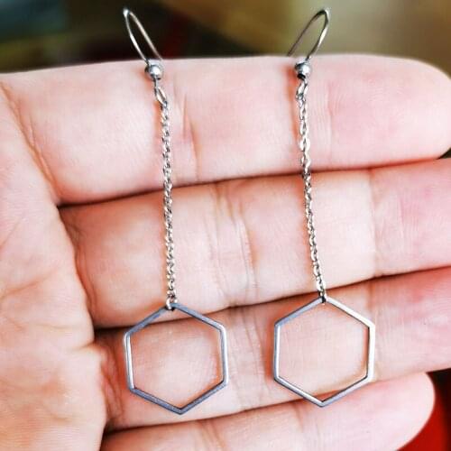 Everfast 1Pair Long Hexagon Stainless Steel Geometric Earrings Pendant Kids Girls Birthday Party Gift Jewelry