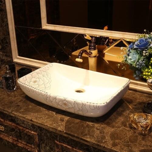 White peony China Artistic Handmade Ceramic wash basin Round Counter top countertop wash basin bathroom sinks Rectangular
