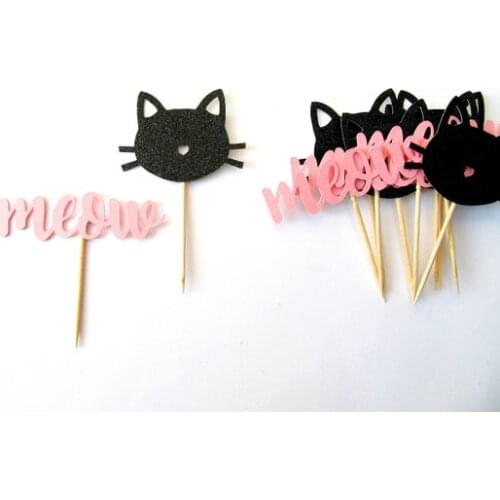Glitter black Cat Cupcake Toppers,Meow Party, Cat Party Decor, Kitten girl birthday party cupcake toppers