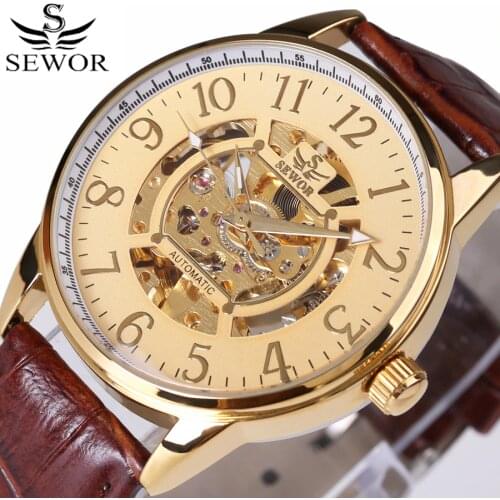 SEWOR Fashion Top Brand Luxury Gold Skeleton Mechanical Watches Men Wrist Watch Leather Band Sport Clock For Men Automatic Watch