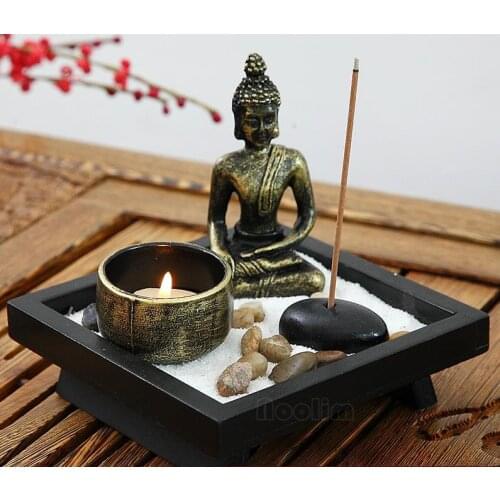 NOOLIM Mini Zen Garden Office Decor Feng Shui Resin Figurine Relax Buddhism Candlestick Incense Burner Sand Table Home Decor