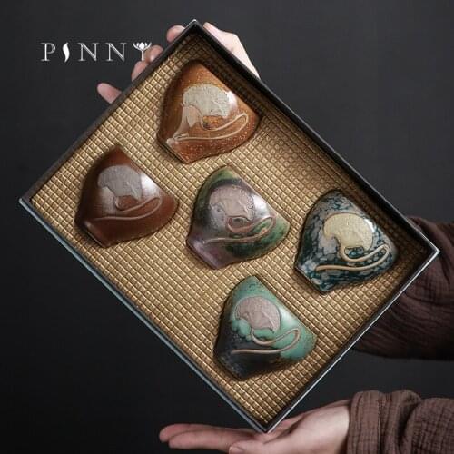 PINNY 130ML Lotus Coarse Pottery Teacup Retro Ceramic Kung Fu Tea Cups Pigmented Relief Master Cup