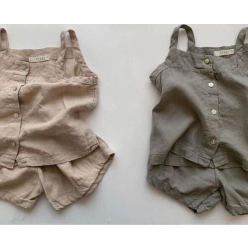 8024 Children Clothing Set Cotton And Hemp Boys Suit Summer 2021 Girls Two Piece Set Leisure Suspender Top + Shorts Kids Outfits