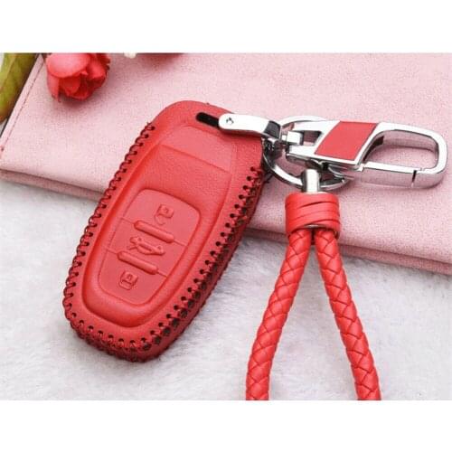 Red Leather Cover Holder Shell for AUDI Smart Remote Key Case 3-Btn W/ Key Chain