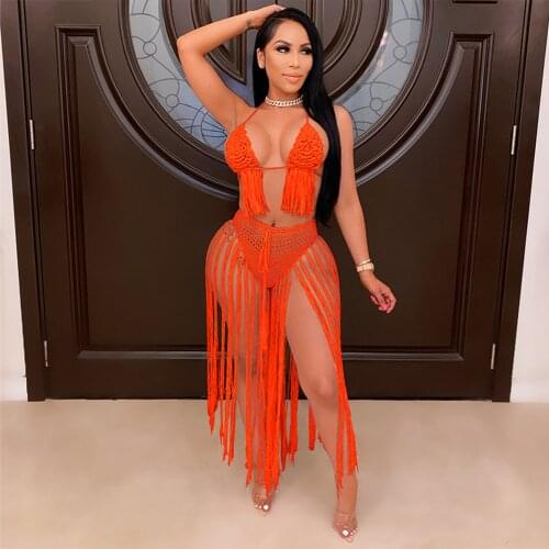 Crochet Hand Knitted Two Piece Bikini Sets Summer Swimsuit for Women Halter Neck Bra Top Tassel Maxi Skirt Holiday Beach Outfit