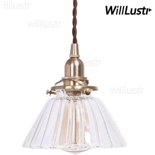 Handmade mouth blown glass brass pendant lamp clear transparent white ribbed glass suspension light nordic retro lamp fixture