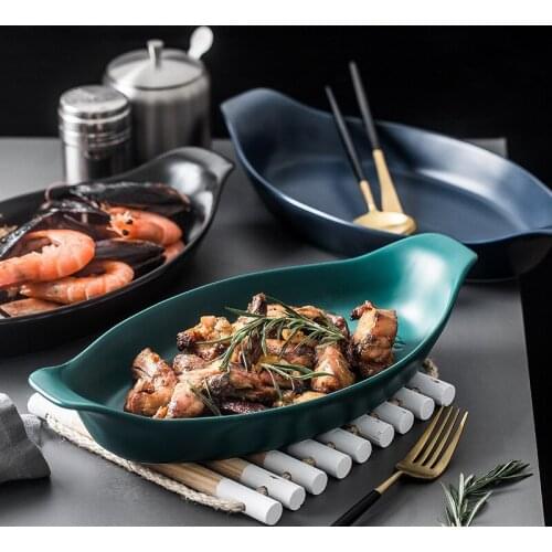 Matte Boat Shaped Ceramic Fish Plate Cheese Baked Rice Plate Microwave Oven Double Ear Ceramic Baking Plate