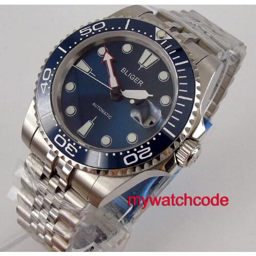 40mm Bliger blue dial date window 316L stainless steel bracelet automatic movement mens watch Relogio Masculino