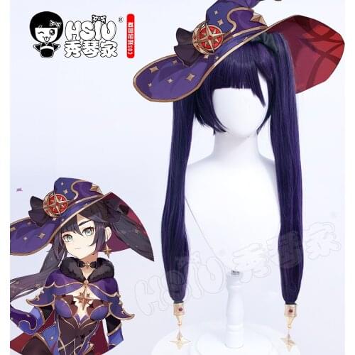 HSIU Genshin Impact Mona cosplay Wig Black and purple mixed color double ponytail long hair+Free gift brand wig cap